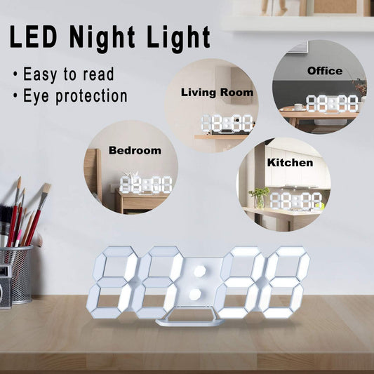 3D LED Digital Wall Clock with Remote Control, 9.7 Inch, White