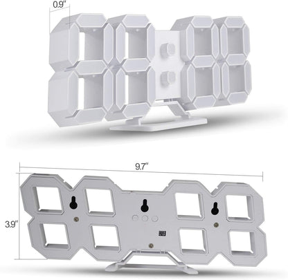 3D LED Digital Wall Clock with Remote Control, 9.7 Inch, White
