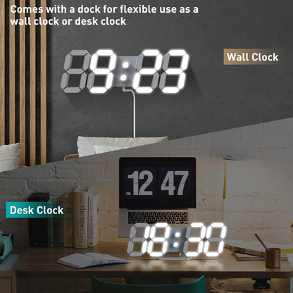 3D LED Digital Wall Clock with Remote Control, 9.7 Inch, White
