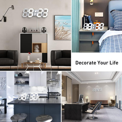 3D LED Digital Wall Clock with Remote Control, 9.7 Inch, White