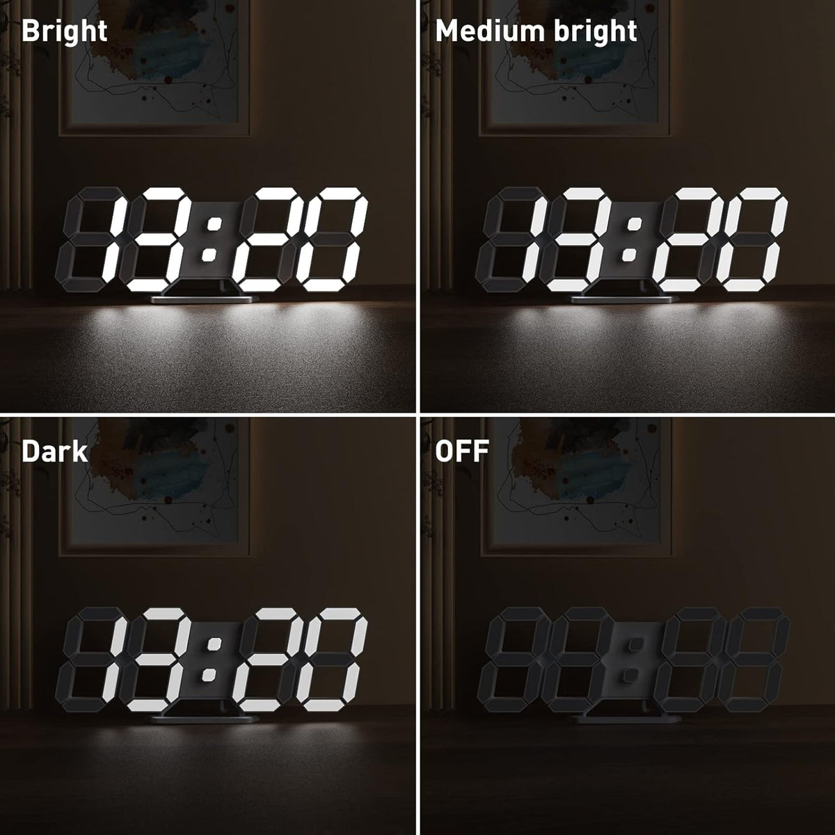 3D LED Digital Wall Clock with Remote Control, 9.7 Inch, White