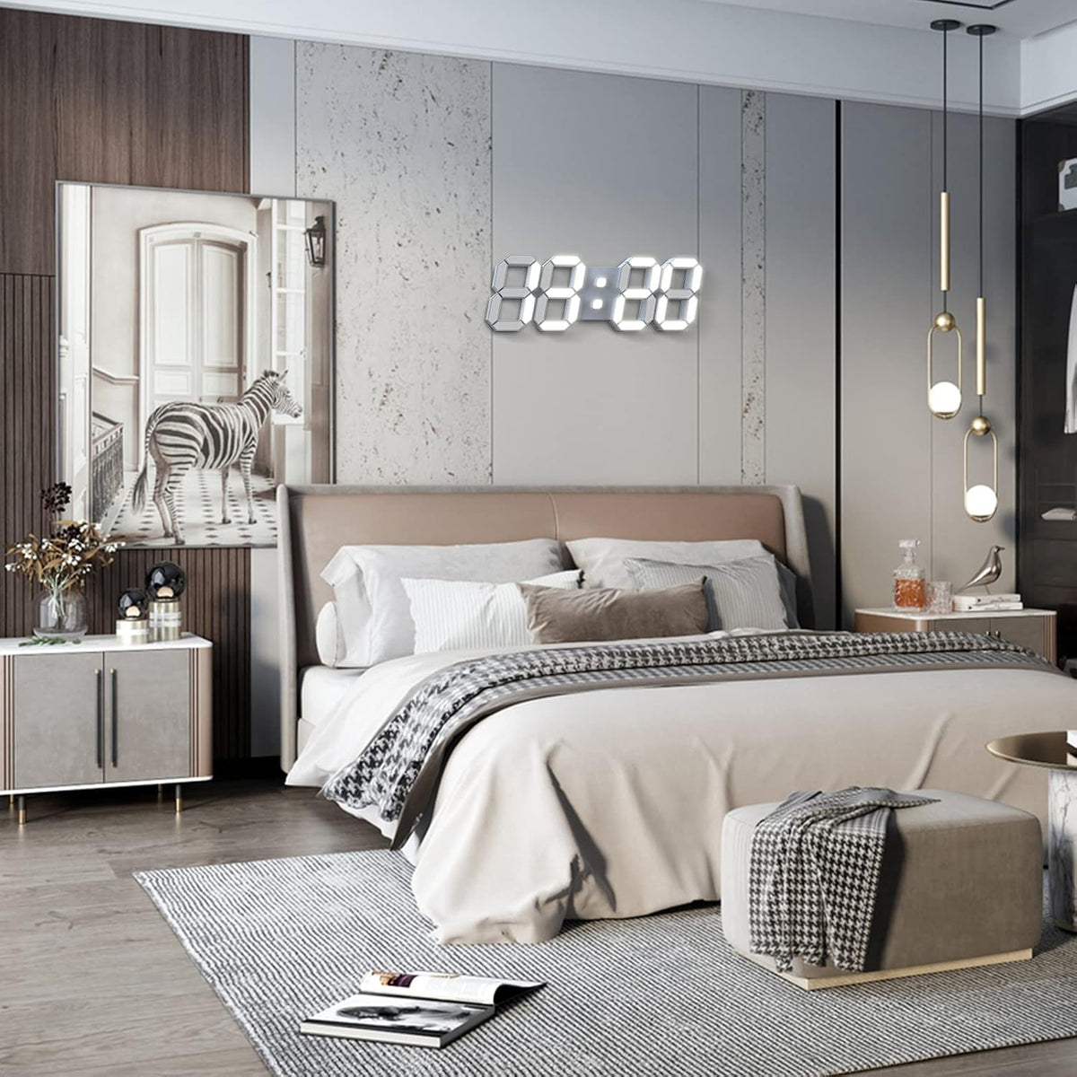 3D LED Digital Wall Clock with Remote Control, 9.7 Inch, White