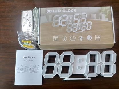 3D LED Digital Wall Clock with Remote Control, 9.7 Inch, White