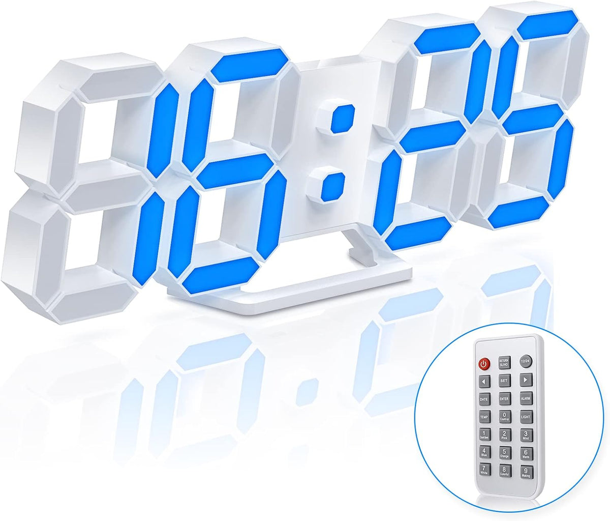 3D LED Digital Wall Clock with Remote Control, 9.7 Inch, White