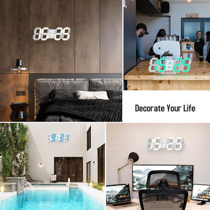 3D LED Digital Wall Clock with Remote Control, 9.7 Inch, White