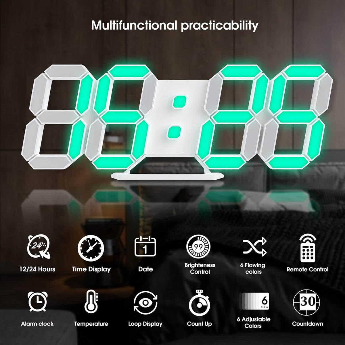 3D LED Digital Wall Clock with Remote Control, 9.7 Inch, White