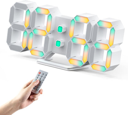 3D LED Digital Wall Clock with Remote Control, 9.7 Inch, White