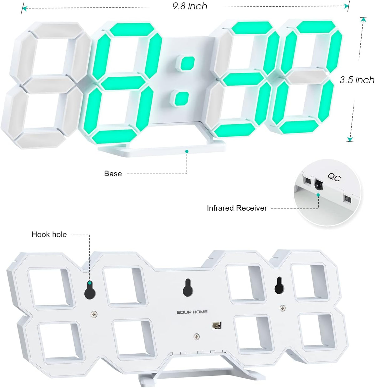 3D LED Digital Wall Clock with Remote Control, 9.7 Inch, White