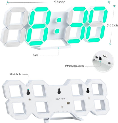 3D LED Digital Wall Clock with Remote Control, 9.7 Inch, White