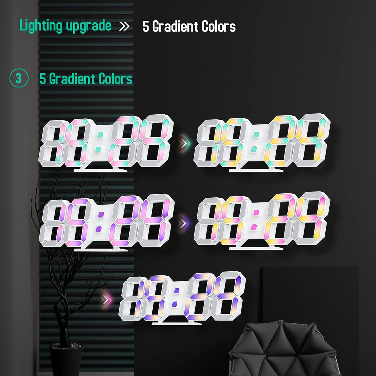 3D LED Digital Wall Clock with Remote Control, 9.7 Inch, White