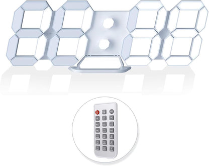 3D LED Digital Wall Clock with Remote Control, 9.7 Inch, White