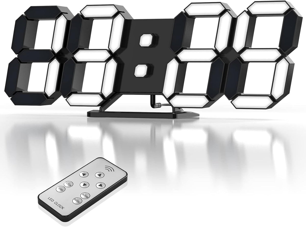 3D LED Digital Wall Clock with Remote Control, 9.7 Inch, White