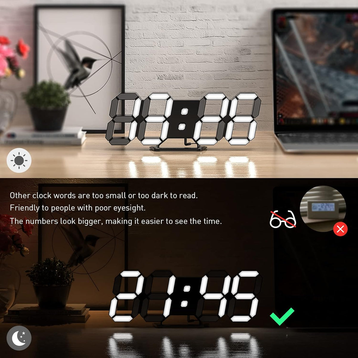 3D LED Digital Wall Clock with Remote Control, 9.7 Inch, White