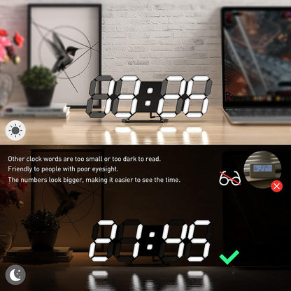 3D LED Digital Wall Clock with Remote Control, 9.7 Inch, White