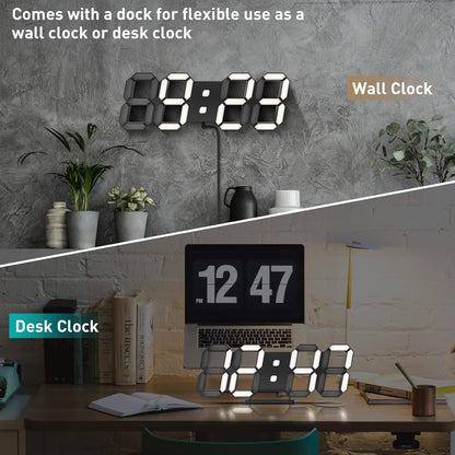 3D LED Digital Wall Clock with Remote Control, 9.7 Inch, White