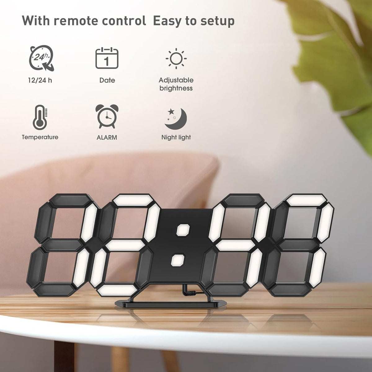 3D LED Digital Wall Clock with Remote Control, 9.7 Inch, White