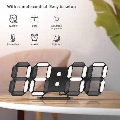 3D LED Digital Wall Clock with Remote Control, 9.7 Inch, White
