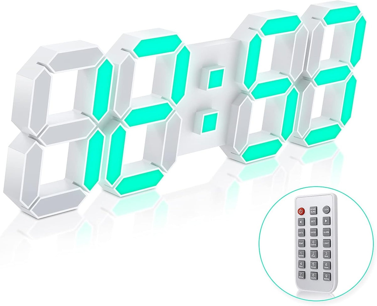 3D LED Digital Wall Clock with Remote Control, 9.7 Inch, White