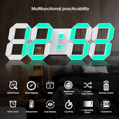 3D LED Digital Wall Clock with Remote Control, 9.7 Inch, White