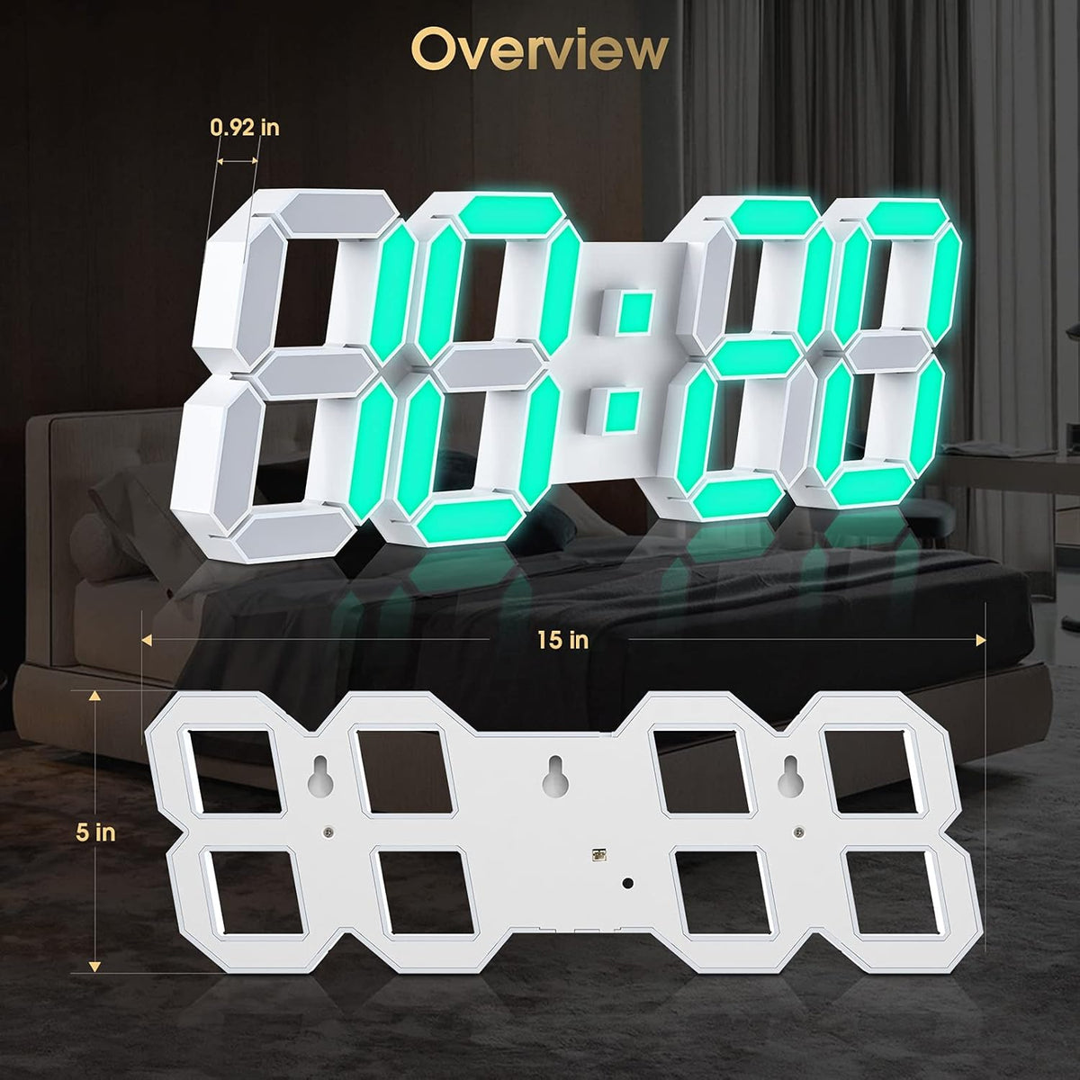 3D LED Digital Wall Clock with Remote Control, 9.7 Inch, White