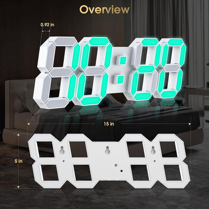 3D LED Digital Wall Clock with Remote Control, 9.7 Inch, White