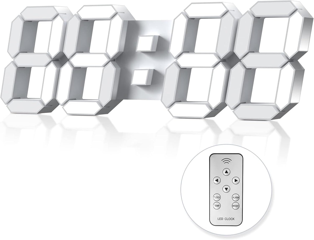 3D LED Digital Wall Clock with Remote Control, 9.7 Inch, White
