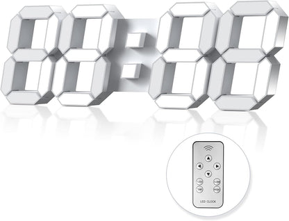 3D LED Digital Wall Clock with Remote Control, 9.7 Inch, White