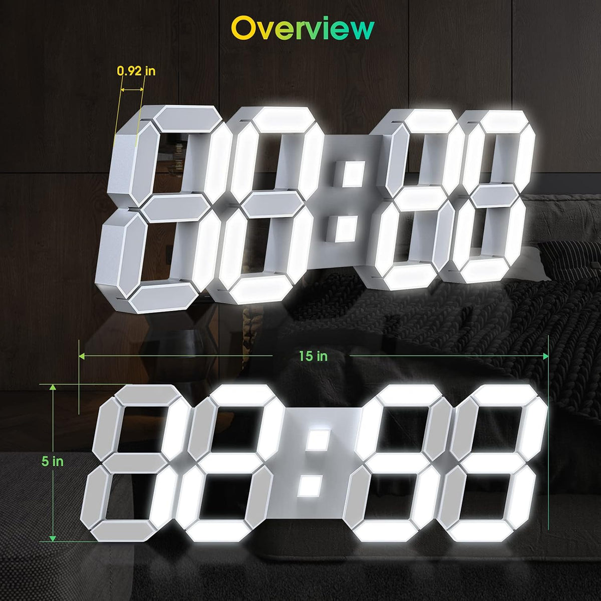 3D LED Digital Wall Clock with Remote Control, 9.7 Inch, White