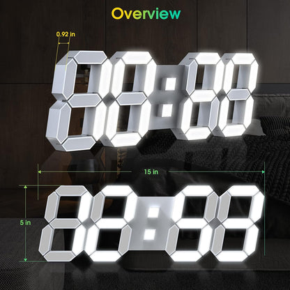 3D LED Digital Wall Clock with Remote Control, 9.7 Inch, White
