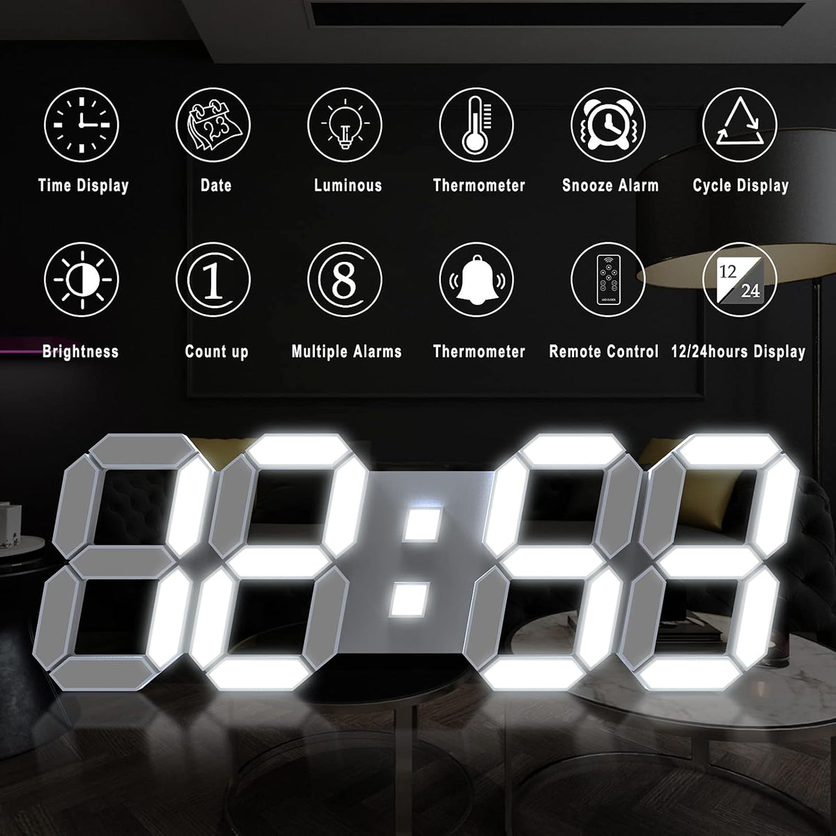 3D LED Digital Wall Clock with Remote Control, 9.7 Inch, White