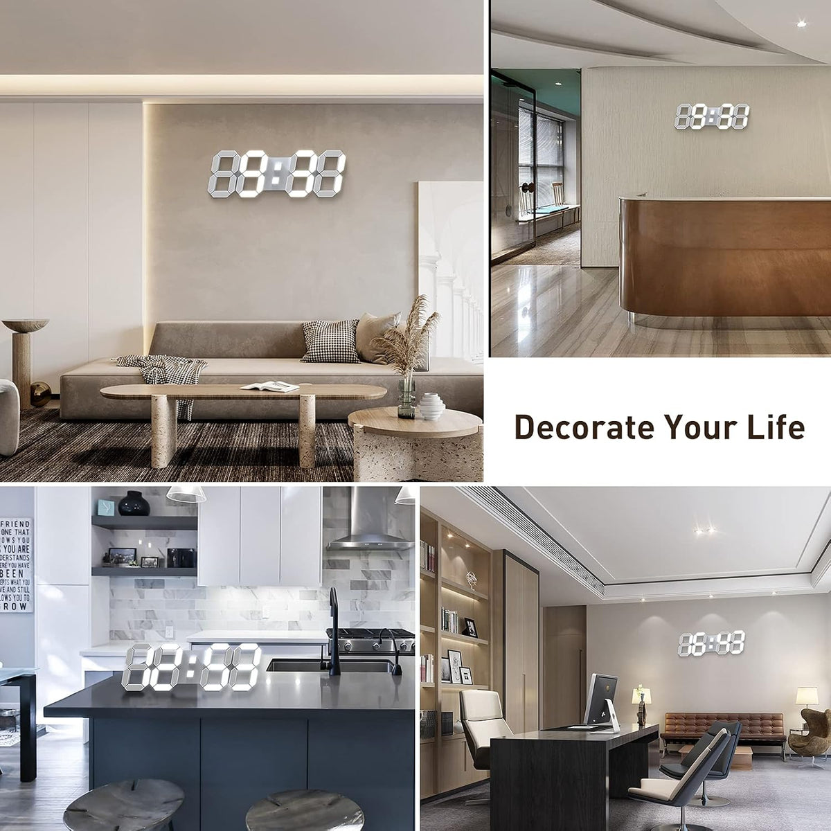 3D LED Digital Wall Clock with Remote Control, 9.7 Inch, White