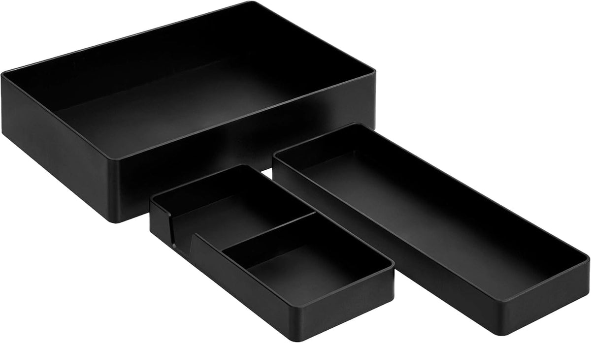 Rectangular Plastic Desk Organizer Bundle, 3 Pieces with Half Accessory Tray, Small, Black