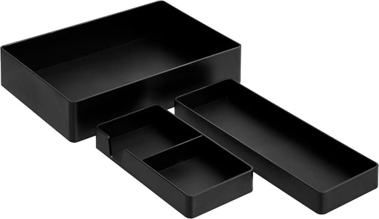 Rectangular Plastic Desk Organizer Bundle, 3 Pieces with Half Accessory Tray, Small, Black