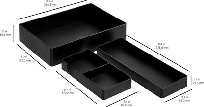 Rectangular Plastic Desk Organizer Bundle, 3 Pieces with Half Accessory Tray, Small, Black