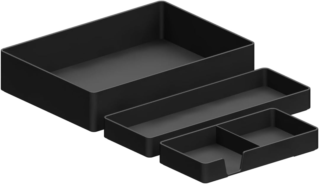 Rectangular Plastic Desk Organizer Bundle, 3 Pieces with Half Accessory Tray, Small, Black