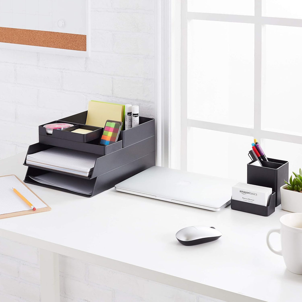 Rectangular Plastic Desk Organizer Bundle, 3 Pieces with Half Accessory Tray, Small, Black