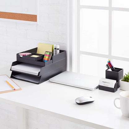 Rectangular Plastic Desk Organizer Bundle, 3 Pieces with Half Accessory Tray, Small, Black