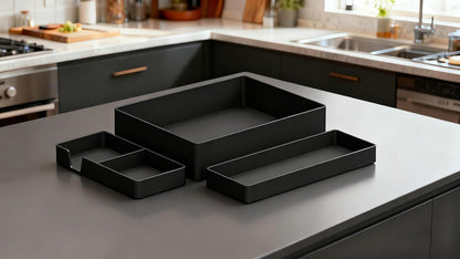 Rectangular Plastic Desk Organizer Bundle, 3 Pieces with Half Accessory Tray, Small, Black