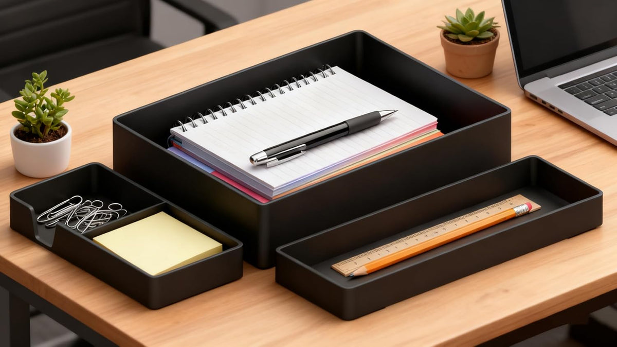 Rectangular Plastic Desk Organizer Bundle, 3 Pieces with Half Accessory Tray, Small, Black