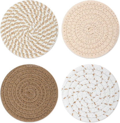 Woven Coasters, Brown Cute Coasters for Desk Minimalist Aesthetic Coaster Set of 4 for Kitchen Dining Coffee Desk Tabletop Protection Housewarming Gift for Home Decor (4.13in/10.5cm)