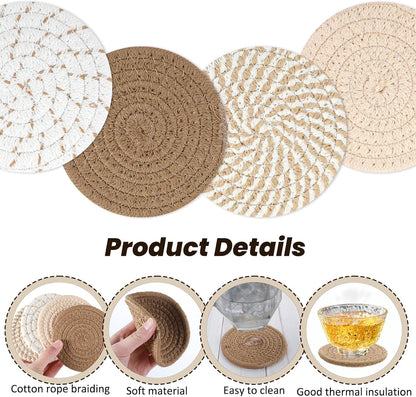Woven Coasters, Brown Cute Coasters for Desk Minimalist Aesthetic Coaster Set of 4 for Kitchen Dining Coffee Desk Tabletop Protection Housewarming Gift for Home Decor (4.13in/10.5cm)