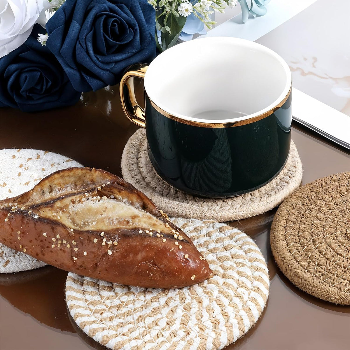 Woven Coasters, Brown Cute Coasters for Desk Minimalist Aesthetic Coaster Set of 4 for Kitchen Dining Coffee Desk Tabletop Protection Housewarming Gift for Home Decor (4.13in/10.5cm)