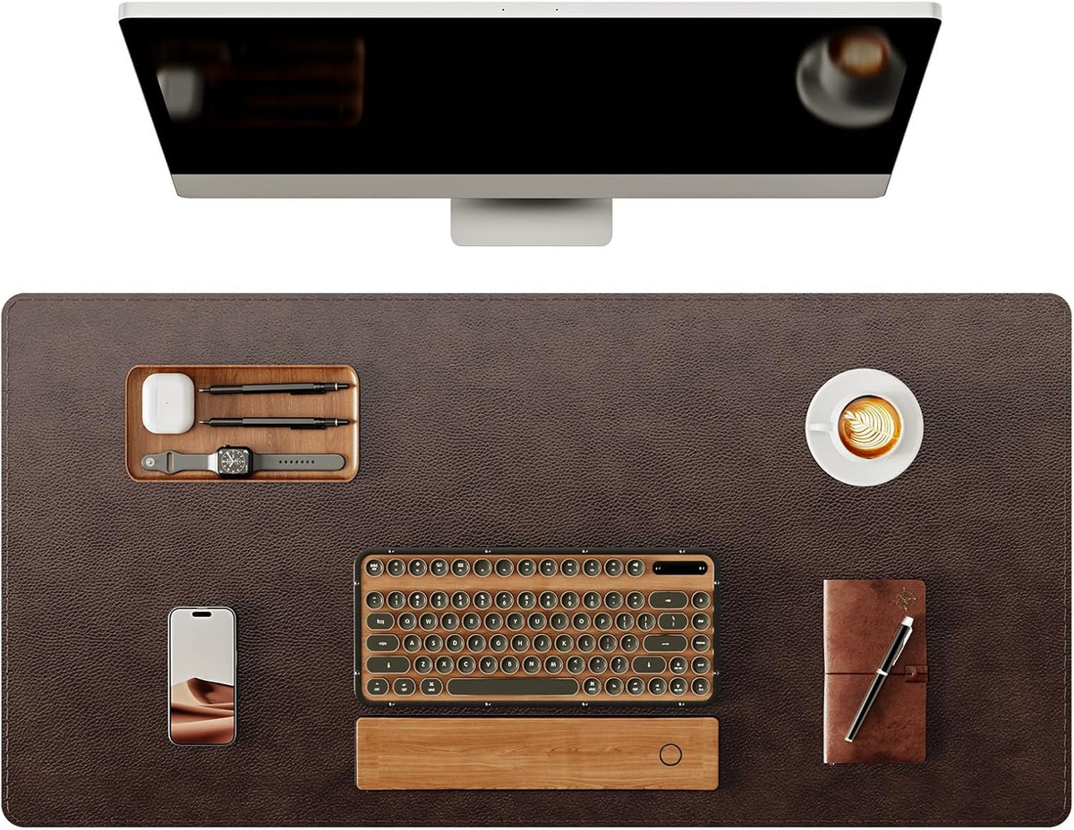 Genuine Leather Desk Mat, 31.5"x15.8" Office Desk Pad, Thick Premium Table Pad with Stitched Line, Non-Slip Laptop Writing Pad with Rubber Base (Dark Brown, 31.5"x15.8")