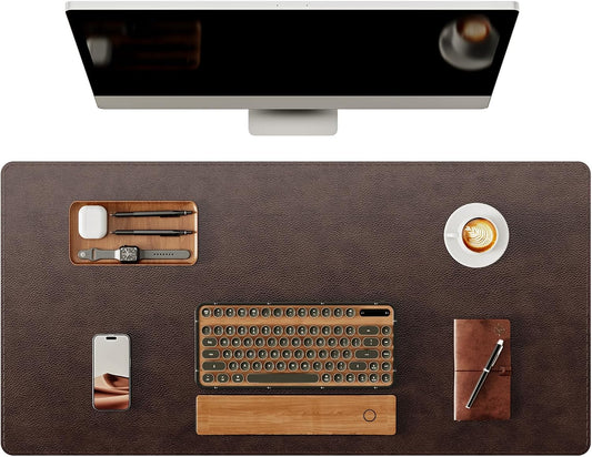 Genuine Leather Desk Mat, 31.5"x15.8" Office Desk Pad, Thick Premium Table Pad with Stitched Line, Non-Slip Laptop Writing Pad with Rubber Base (Dark Brown, 31.5"x15.8")