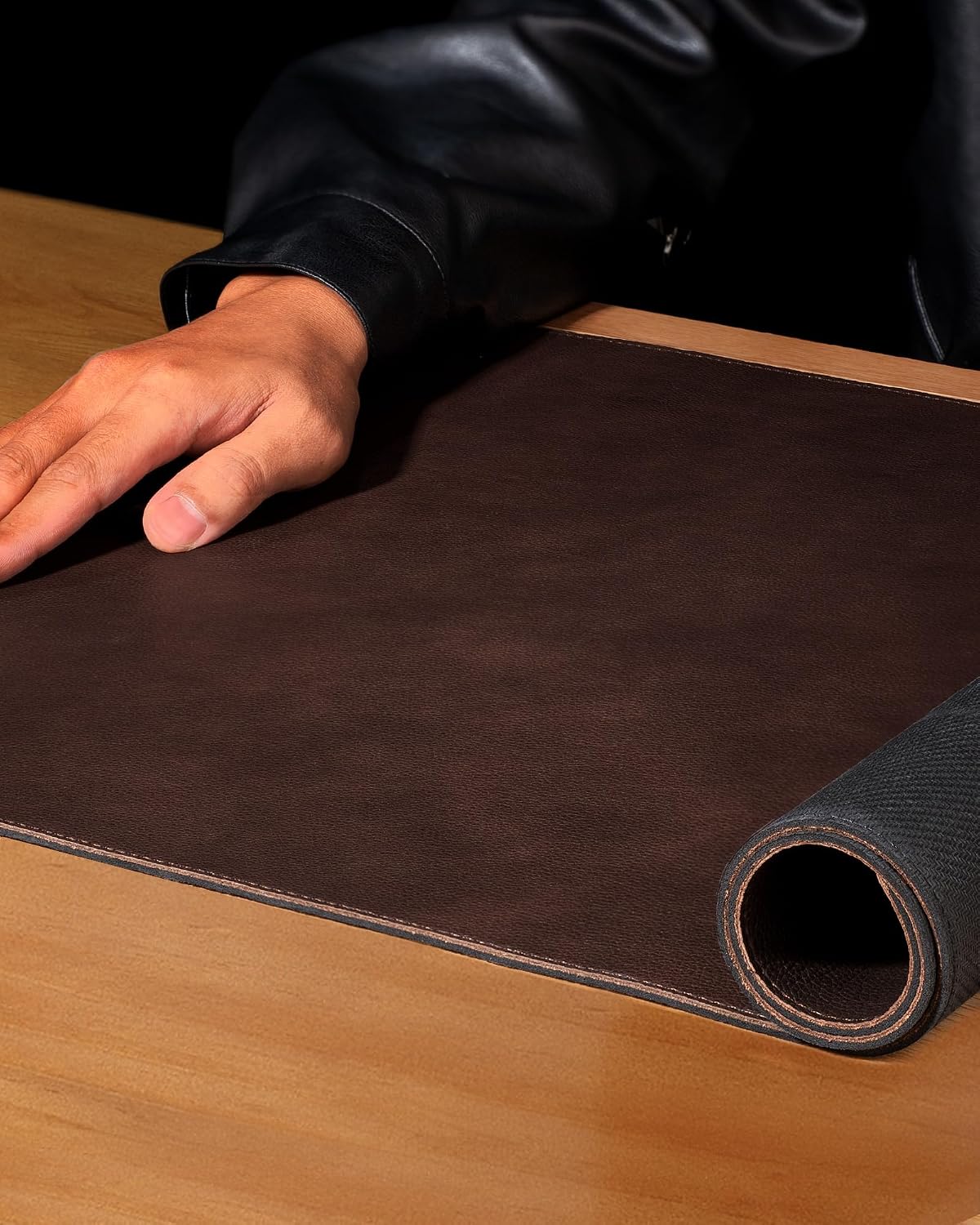 Genuine Leather Desk Mat, 31.5"x15.8" Office Desk Pad, Thick Premium Table Pad with Stitched Line, Non-Slip Laptop Writing Pad with Rubber Base (Dark Brown, 31.5"x15.8")