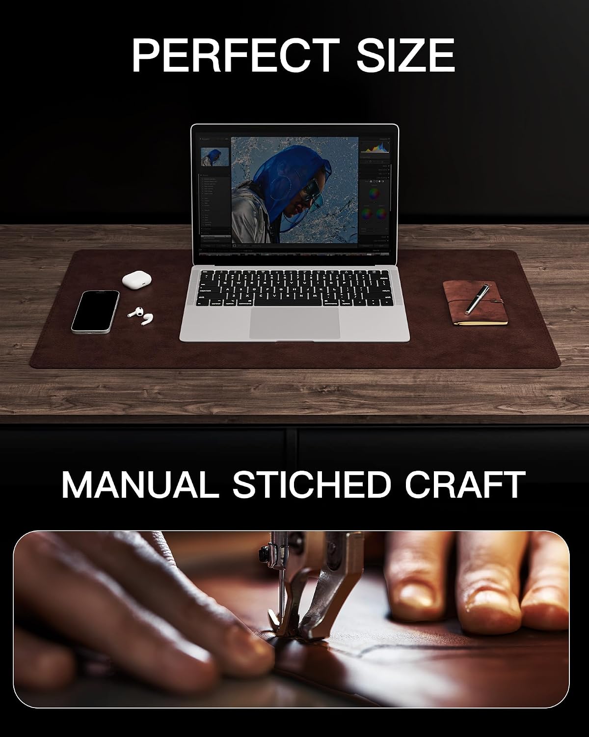 Genuine Leather Desk Mat, 31.5"x15.8" Office Desk Pad, Thick Premium Table Pad with Stitched Line, Non-Slip Laptop Writing Pad with Rubber Base (Dark Brown, 31.5"x15.8")
