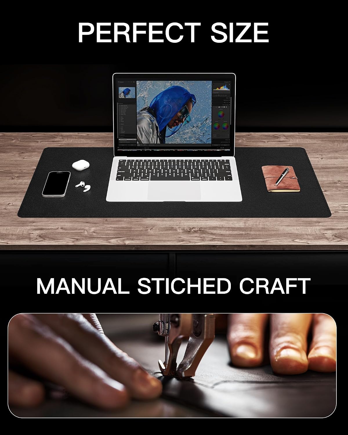 Genuine Leather Desk Mat, 31.5"x15.8" Office Desk Pad, Thick Premium Table Pad with Stitched Line, Non-Slip Laptop Writing Pad with Rubber Base (Dark Brown, 31.5"x15.8")
