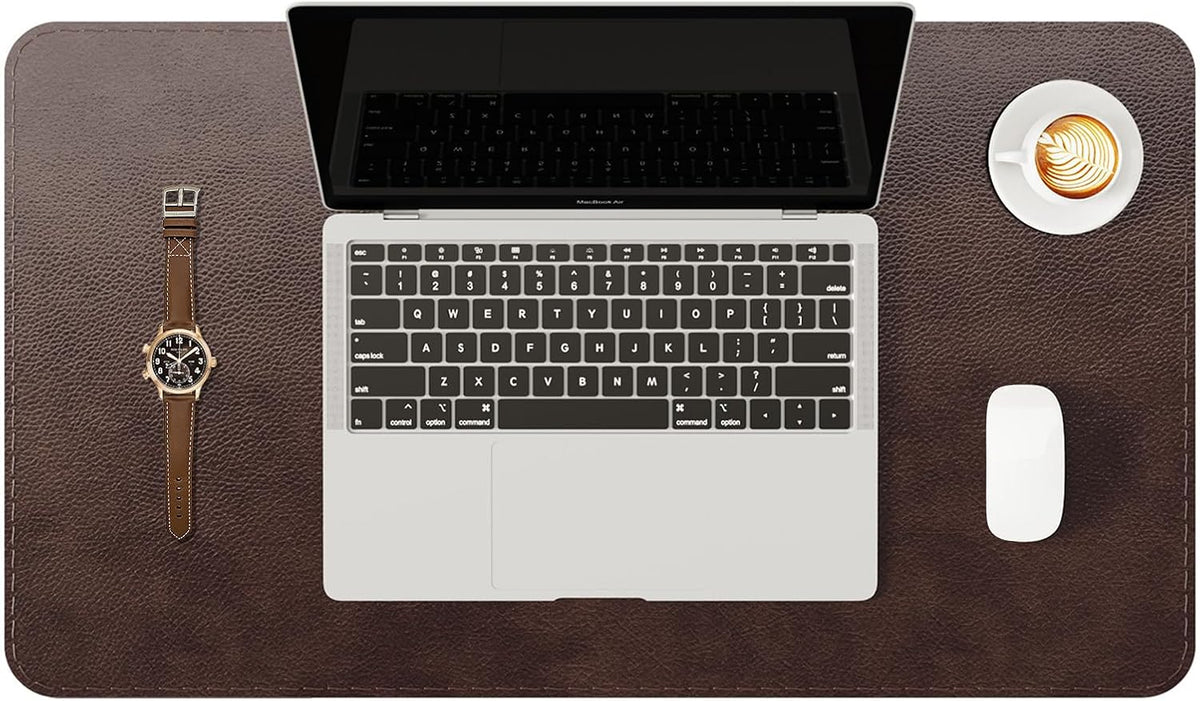 Genuine Leather Desk Mat, 31.5"x15.8" Office Desk Pad, Thick Premium Table Pad with Stitched Line, Non-Slip Laptop Writing Pad with Rubber Base (Dark Brown, 31.5"x15.8")