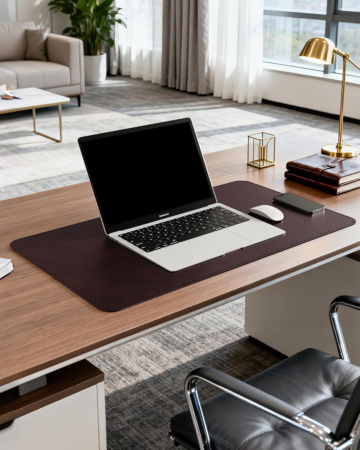 Genuine Leather Desk Mat, 31.5"x15.8" Office Desk Pad, Thick Premium Table Pad with Stitched Line, Non-Slip Laptop Writing Pad with Rubber Base (Dark Brown, 31.5"x15.8")