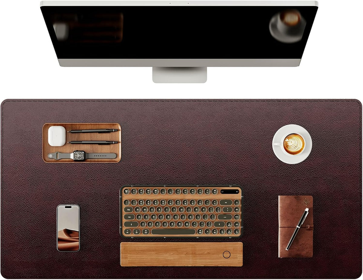 Genuine Leather Desk Mat, 31.5"x15.8" Office Desk Pad, Thick Premium Table Pad with Stitched Line, Non-Slip Laptop Writing Pad with Rubber Base (Dark Brown, 31.5"x15.8")